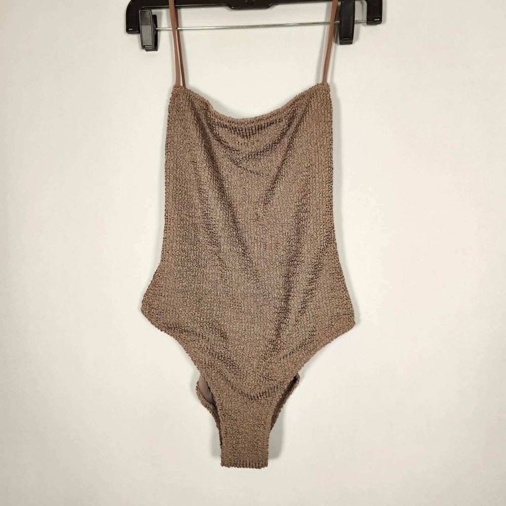 MANGO Textured Swimsuit with Straps Size Small Light Pastel Brown